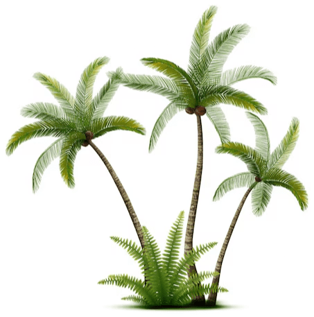 Three palm trees and a fern plant in front of a black background.