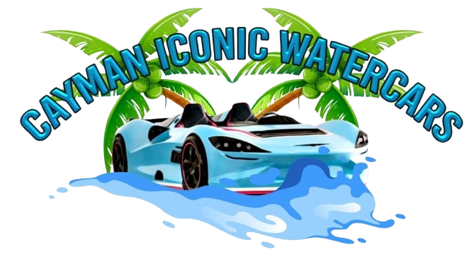 A blue car driving through water with palm trees.