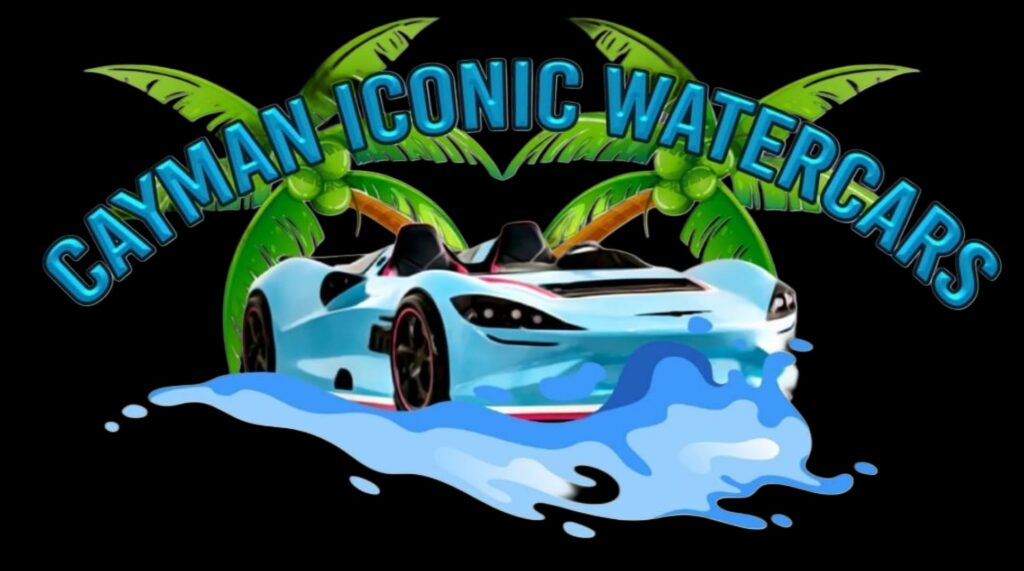 A blue car driving through water with palm trees.