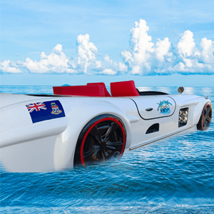 A white car with red wheels in the water.