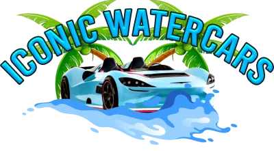 A blue car driving through the water in front of palm trees.