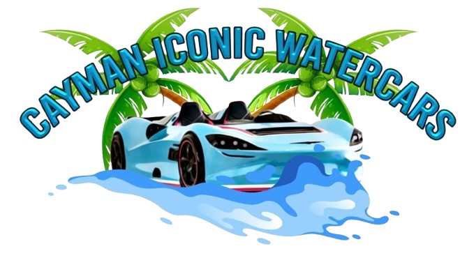 A blue car driving through water with palm trees.